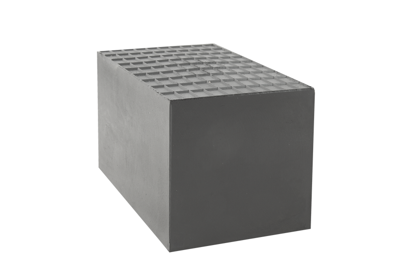 Front view of a black, square special rubber block (item number EV-040.XOP) for electric vehicle scissor lifts, tapered shape with round contact area and raised surface pattern.