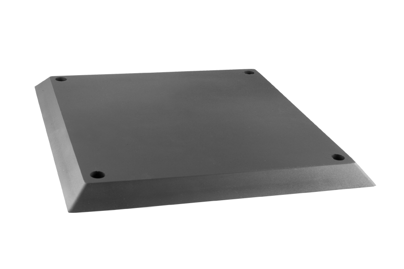 Front view of item ZAV-41-113, a round black rubber pad for vehicle lifts with rubber lip for slip-on mounting.