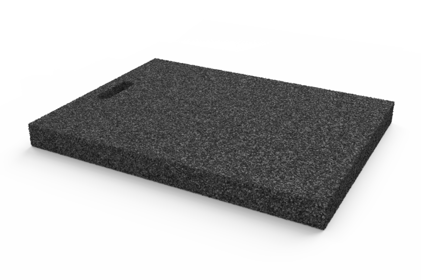 Angled view of the item AP-LUP.650.450.H50, rectangular black leveling pad for wheel alignment lifts with grip hole, made of recycled rubber with a porous surface.