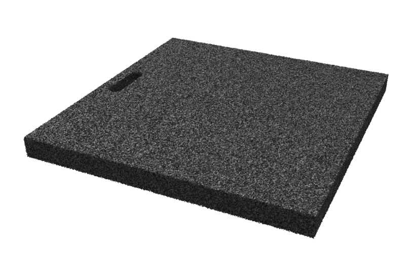 Angled view of the black, rectangular leveling pad AP-OAF.645.620.H50 for wheel alignment lifts, made of compressed rubber material with a porous surface and a grip hole.