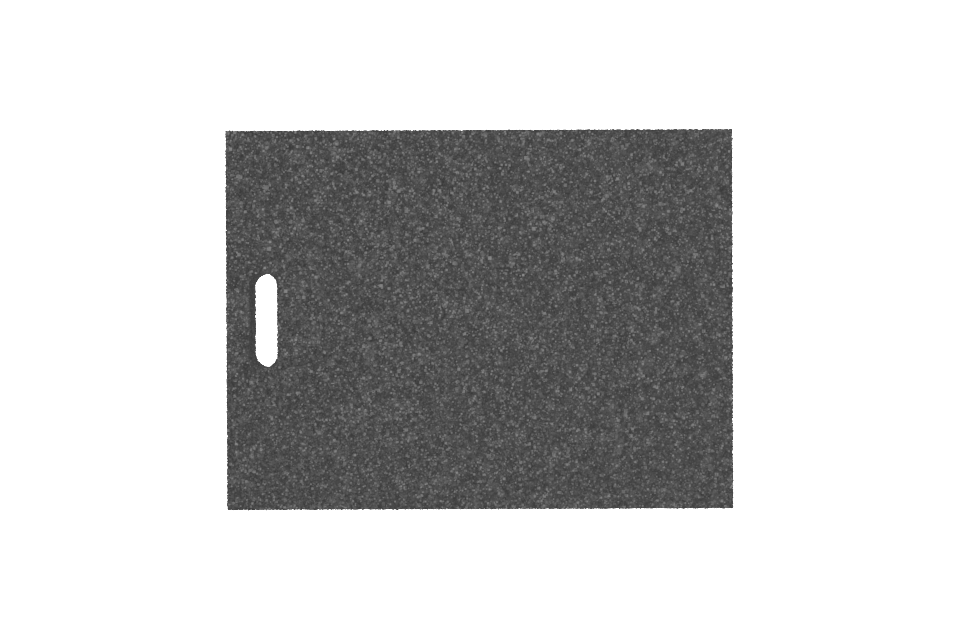 Draufsicht des Artikels AP-VPZ.600.450.H50, rechteckige schwarze Ausgleichsplatte für Achsvermessungshebebühnen mit Griffloch, aus recyceltem Gummi mit poröser Oberfläche.