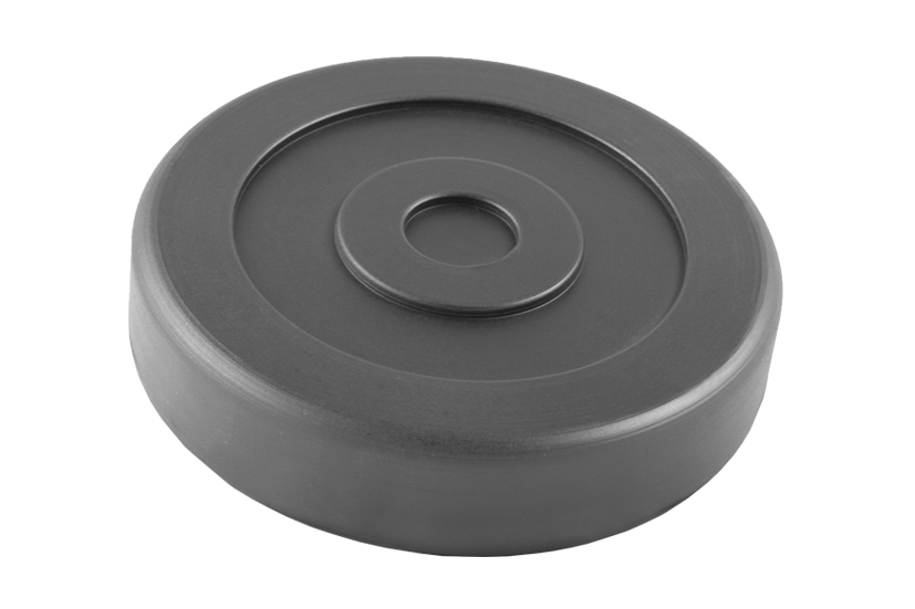 Front view of a black, round rubber pad (item no. BENDPAK003) for vehicle lifts, with rubber lip for slipping over the lift arm.