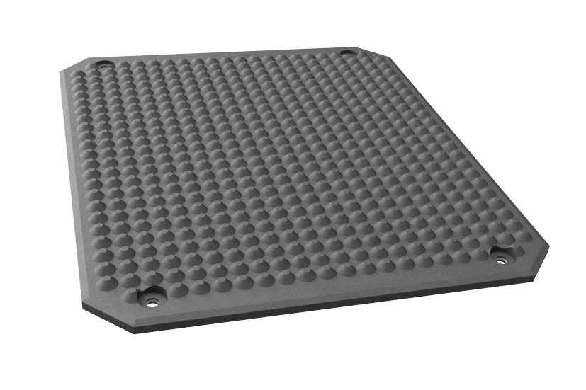 Front view of the new rectangular MAHA rubber plate GK40/35-VG in black with four holes for secure bolting to the lift.