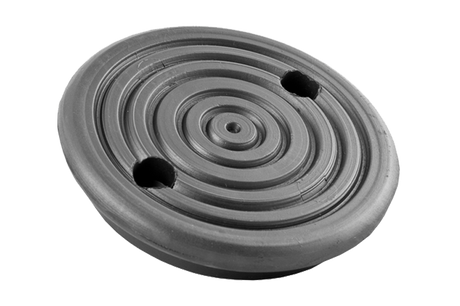 Front view of a black, round rubber pad (item number 015) for vehicle lifts, with two holes for bolting to the lifting plate.