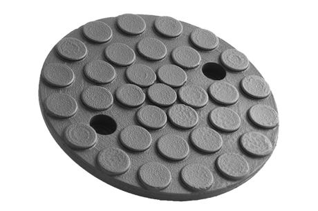 Front view of a black, round rubber pad (item no. 024481) for vehicle lifts, with two holes for bolting to the lift arm.
