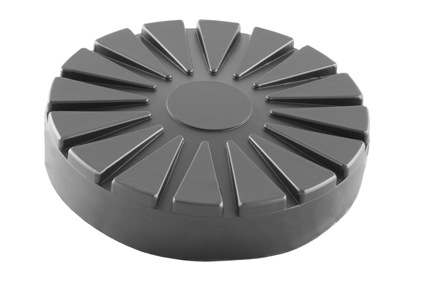 Front view of a black, round rubber pad (item no. 15.87.453) for vehicle lifts, with steel plate, three holes, and rubber lip for slipping over and bolting to the lift arm.