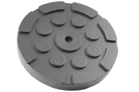 Front view of a black, round rubber pad (item no. 169130) for vehicle lifts, with central hole, rubber lip for slipping over, and bolting to the lift arm.