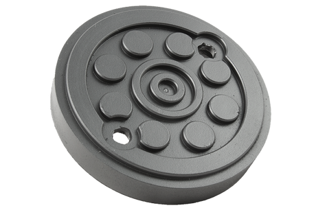 Front view of a black, round rubber pad (item no. 17202301) for vehicle lifts, with two holes, rubber lip for slipping over, and bolting to the lift arm.