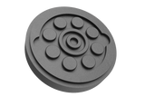 Front view of a black, round rubber pad with a rubber lip for slipping over the lift arm.