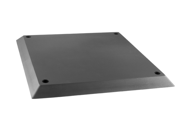 Front view of item ZAV-41-113, a round black rubber pad for vehicle lifts with rubber lip for slip-on mounting.