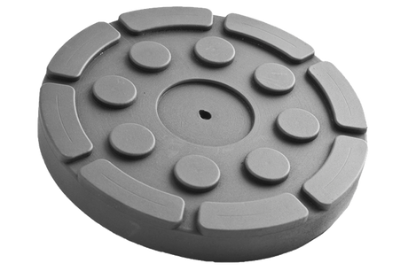 Front view of a black, round rubber pad (item no. 335022) for vehicle lifts, with central hole, rubber lip for slipping over, and bolting to the lift arm.