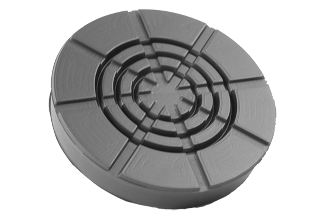 Front view of a black, round rubber pad (item no. AC-GS1) for vehicle lifts.