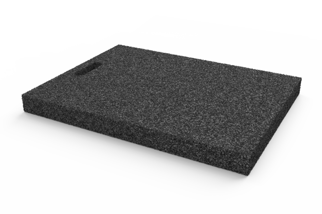 Angled view of the item AP-LUP.650.450.H50, rectangular black leveling pad for wheel alignment lifts with grip hole, made of recycled rubber with a porous surface.
