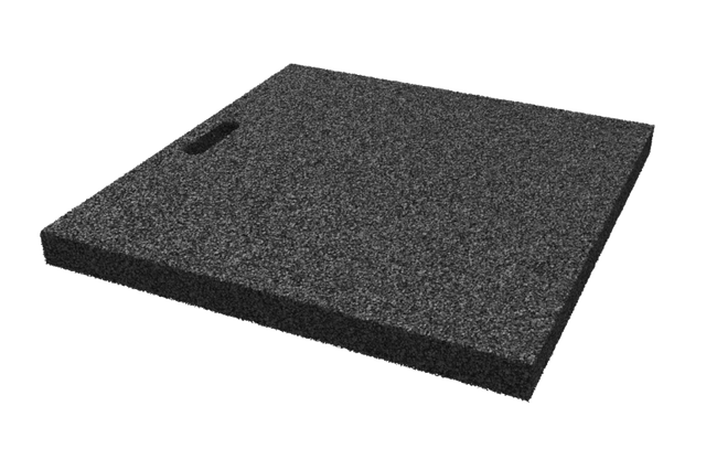 Angled view of the black, rectangular leveling pad AP-OAF.645.620.H50 for wheel alignment lifts, made of compressed rubber material with a porous surface and a grip hole.