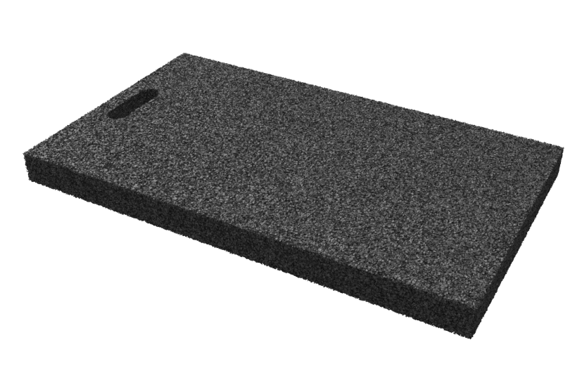 Angled view of the black, rectangular leveling pad AP-TVS.680.400.H50 for wheel alignment lifts, made of compressed rubber material with a porous surface and a grip hole.