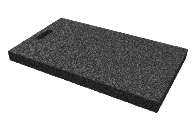 Angled view of the black, rectangular leveling pad AP-TVS.680.400.H50 for wheel alignment lifts, made of compressed rubber material with a porous surface and a grip hole.