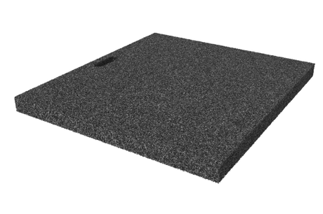 Angled view of the black, rectangular leveling pad AP-ZNA.730.650.H50 for wheel alignment lifts, made of compressed rubber material with a porous surface and a grip hole.