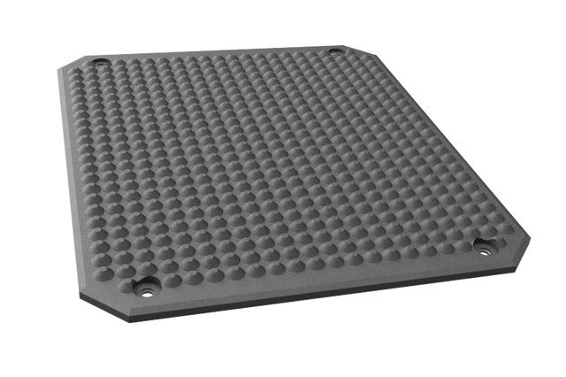 Front view of the new rectangular MAHA rubber plate GK40/35-VG in black with four holes for secure bolting to the lift.