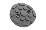 Front view of the black, round rubber pad GTCN010 for vehicle lifts with two holes for secure bolting to the lift arm.