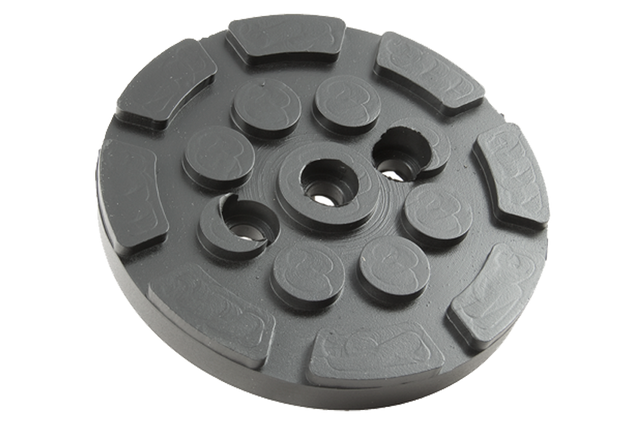 Front view of a black, round rubber pad (item no. HPOW001) for vehicle lifts, with three holes for bolting to the lift arm.