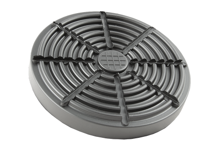 Front view of a black, round rubber pad (item no. IST0720300) for vehicle lifts, with rubber lip for slipping over the lift arm.