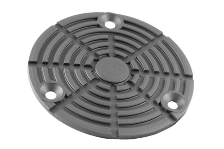 Front view of a black, round rubber pad (item no. IST1304800) for vehicle lifts, with three holes for bolting to the lift arm.