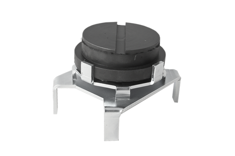 Rückansicht eines Spezialadapters aus verzinktem Stahl mit aufgestecktem schwarzem, rundem Gummipuffer (Artikelnummer LIFTADAPTERS80130-160).
