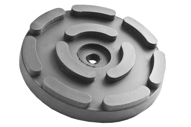 Front view of a black, round rubber pad (item no. OMCN-140) for vehicle lifts, with a central hole for bolting to the lift arm.
