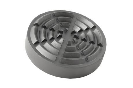 Front view of a black, round rubber pad (item no. SK2030-105) for vehicle lifts, with rubber lip for slipping over the lift arm.