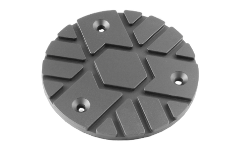 Front view of item VEL001, a round black rubber pad for vehicle lifts with three holes for bolting onto